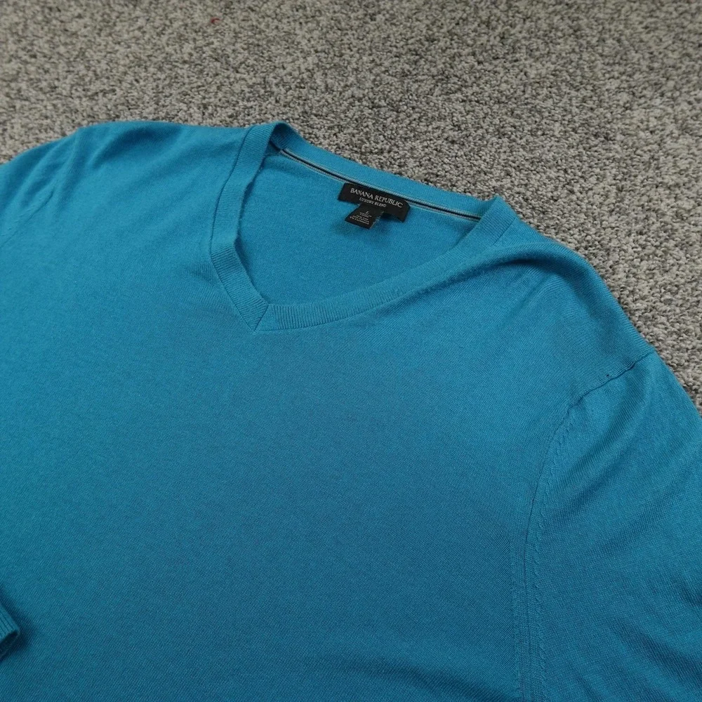 Banana Republic Sweater Mens L Blue Silk Cotton Cashmere V Neck Knit Pullover